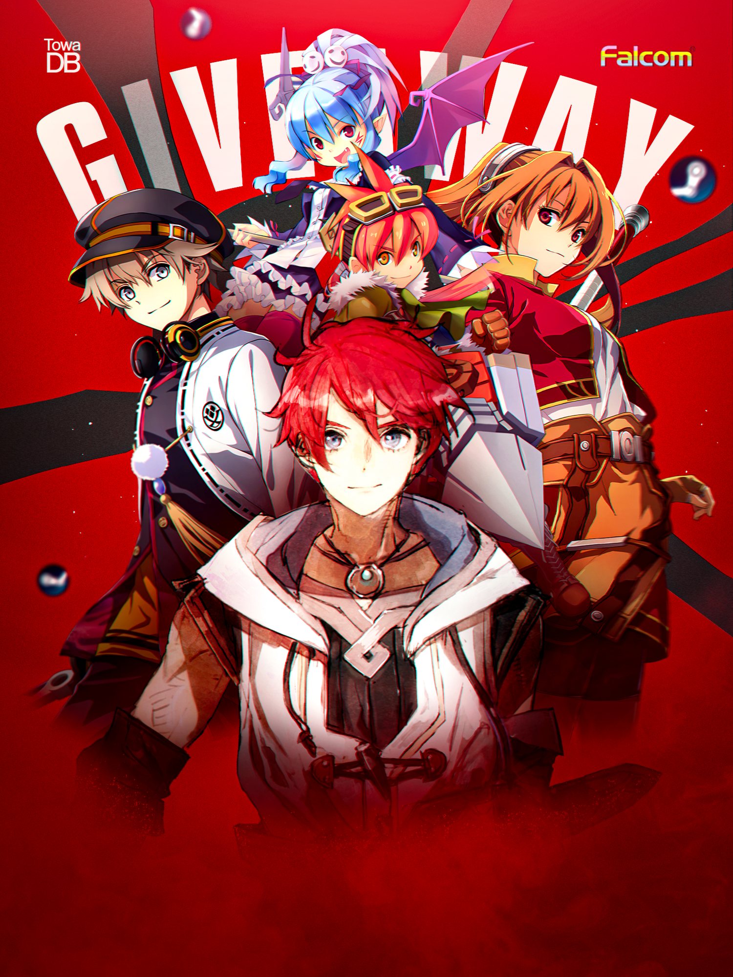 TowaDB giveaway artwork with Falcom characters on a red background.